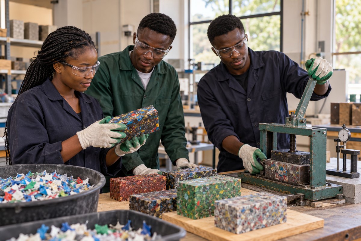 A university innovation team producing construction bricks from recovered plastic