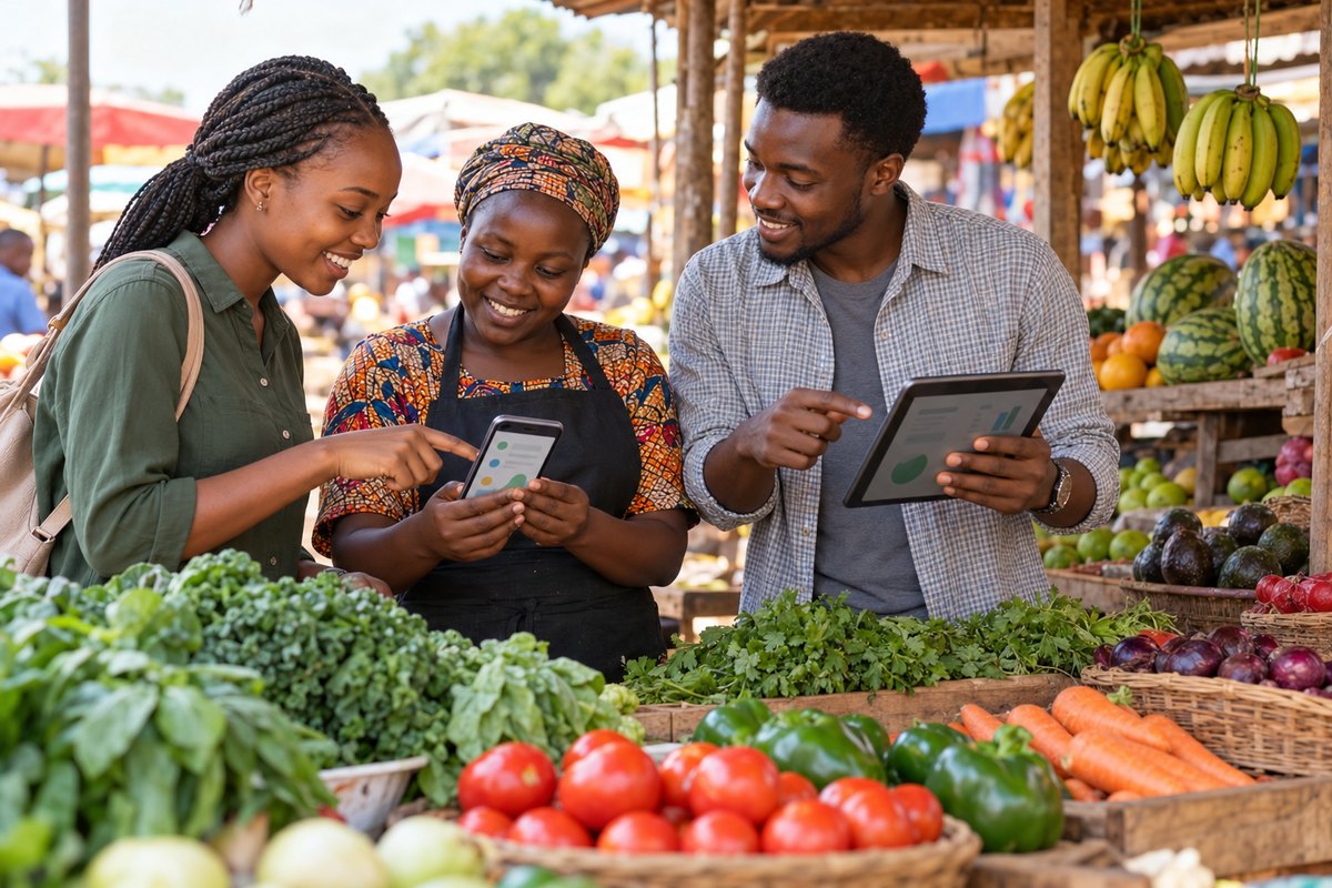 A digital innovation team demonstrating a mobile market platform to a produce entrepreneur