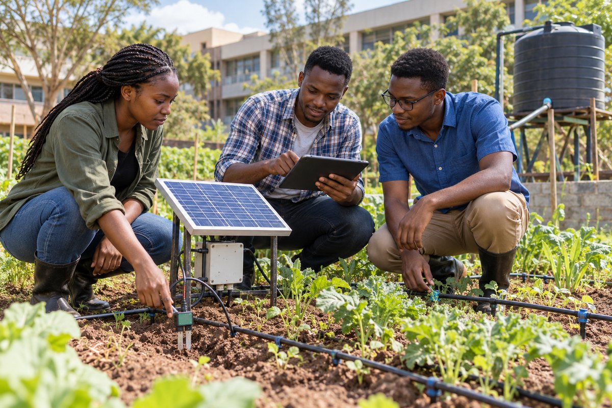 A university innovation team testing a solar-powered smart irrigation system